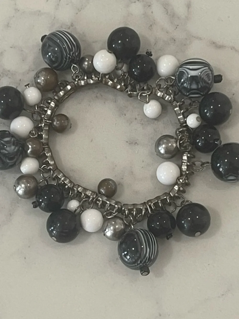 Black Beaded Bracelet Set with Silver Accents and Beaded Stretch Ring